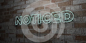 NOTICED - Glowing Neon Sign on stonework wall - 3D rendered royalty free stock illustration