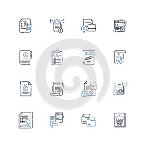 Notices line icons collection. Alerts, Announcements, Bulletins, Cautions, Declarations, Directives, Edicts vector and photo