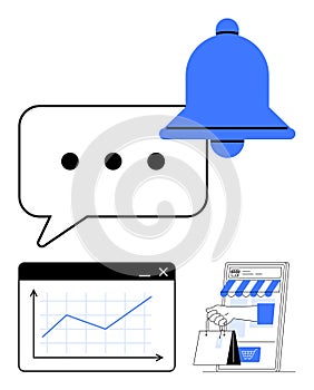Notification Alert and Chat Bubble with Analytics and Online Shopping Elements