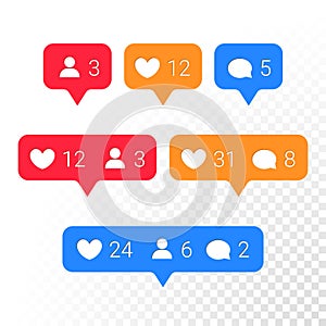 Notification application icons heart, message, friend request vector set