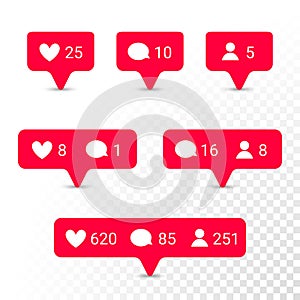 Notification application icons heart, message, friend request vector set