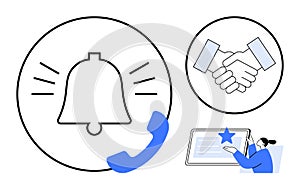 Notification Bell, Handshake, and Digital Document for Communication and Collaboration