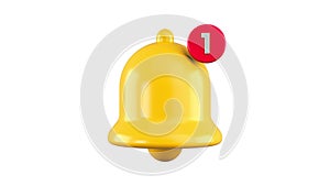 Notification bell icon. Concept of yellow ringing bell with new notification for social media reminder. 3d rendering.