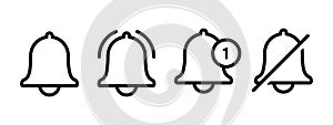 Notification bell line icons for incoming inbox message. Vector ringing bell for notification mute and number sign for alarm clock