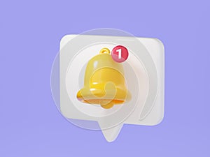 Notification bell on speech bubble 3d render. Illustration of simple yellow bell icon for reminder or notice concept.