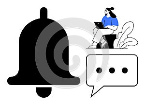 Notification Concept with Bell Icon, Message Bubble, and Person Using Laptop