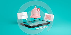 Notification message bell icon alert and alarm on pastel color background with smartphone reminder. 3D rendering