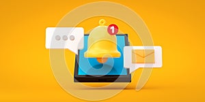 Notification message bell icon alert and alarm on yellow background with smartphone reminder. 3D rendering