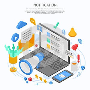 Notification message concept banner, isometric style