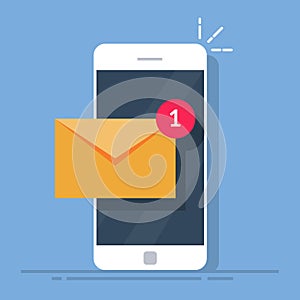 Notification of a new email on your mobile phone or smartphone. Mail icon. Flat vector illustration isolated on white