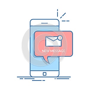 Notification of a new email on your mobile phone or smartphone. Mail icon in the speech bubbles. Thin line vector flat