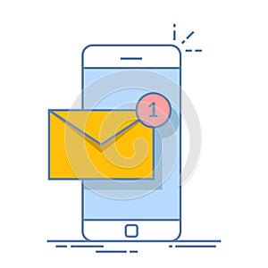 Notification of a new email on your mobile phone or smartphone. Mail icon. Thin line vector flat illustration isolated