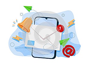 Notification of unread messages by e-mail. New message on smartphone screen. Previous illustration