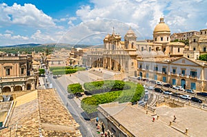 Panoramic view in Noto, with the Cathedral and the Palazzo Ducezio. Province of Siracusa, Sicily, Italy. photo