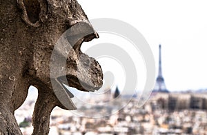 Notre Dam Gargoyle Looking at Eiffel Tower