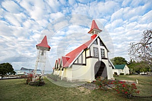 Notre Dame Auxiliatrice Church with distinctive red roof at Cap Malheureux, Mauritius, Indian Ocean.