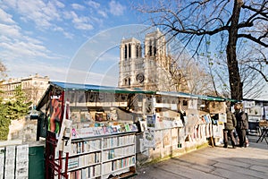 Notre Dame and bouquiniste or bookstall Paris