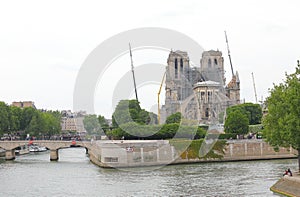 Notre Dame cathedral after fire cityscape Paris France