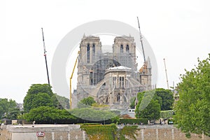 Notre Dame cathedral after fire cityscape Paris France