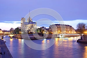 Notre Dame Cathedral and Ile de la Cite in Paris at night