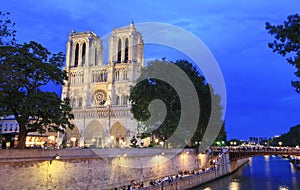 Notre Dame Cathedral in Paris at dusk