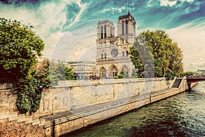 Notre Dame Cathedral in Paris, France and the Seine river. Vintage