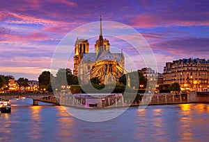 Notre Dame cathedral Paris sunset at Seine