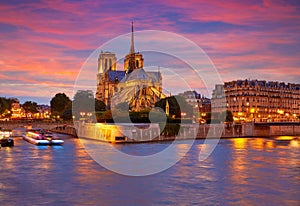 Notre Dame cathedral Paris sunset at Seine