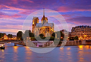 Notre Dame cathedral Paris sunset at Seine photo