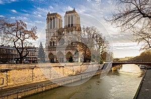 Notre Dame Cathedral and Seine River on Winter Morning Paris