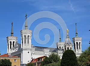 notre dame de fourviere basilica with bell towers in the city of