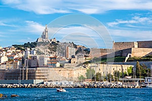 Notre Dame de la Garde and olf port in Marseille, France