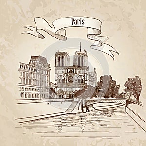 Notre Dame de Paris Cathedral. Cityscape old-fashioned background with Seine river, bridge. Paris, Ile de la Cite.