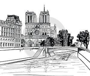 Notre Dame de Paris Cathedral. Cityscape old-fashioned background with Seine river, bridge. Paris, Ile de la Cite.