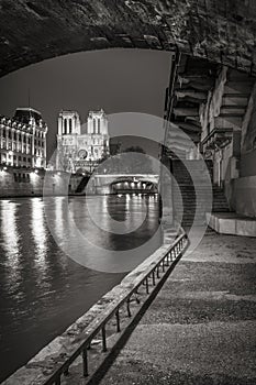 Notre Dame de Paris cathedral at night in Black & White. Paris, France