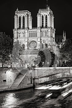Notre Dame de Paris cathedral at night Black and White. Ile de La Cite. Paris, France