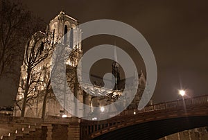 Notre Dame de Paris cathedral at night with bridge