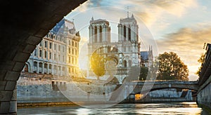 Notre dame de Paris and Seine river in Paris, France