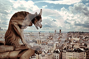 Notre Dame Demon Gargoyle and view of Paris