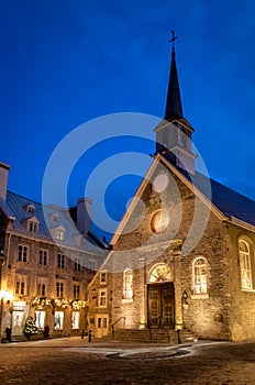 Notre Dame des Victories Church at night - Quebec City, Quebec, Canada