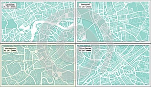 Nottingham, Liverpool, Manchester and London Great Britain City Maps Set in Retro Style