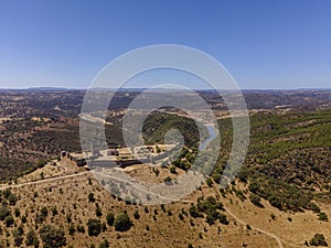 Noudar medieval castle aerial view, with Alentejo landscape background. Located 5 kilometres from the Spanish border. Alentejo,