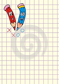 Noughts and crosses, crayons and notepad, vector icon, colored illustration