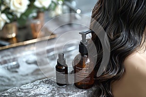 Nourish hair of shampoo or serum, oil for curly hair. Repair damaged hair concept