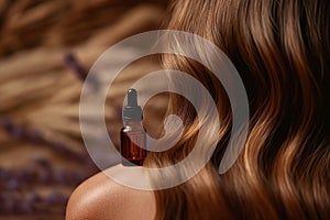 Nourish hair of shampoo or serum, oil for curly hair. Repair damaged hair concept