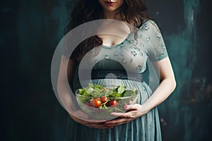 Nourished Pregnant smiling woman bowl salad. Generate Ai photo