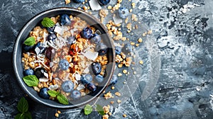 A nourishing bowl of oatmeal loaded with antioxidantrich blueberries shredded coconut and a drizzle of maple syrup photo