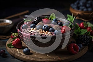 Nourishing and Delicious: A Smoothie Bowl Packed with Fresh Fruits and Nuts. Generative Ai