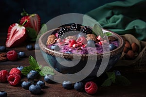 Nourishing and Delicious: A Smoothie Bowl Packed with Fresh Fruits and Nuts. Generative Ai