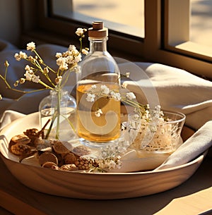 Nourishing Nature: Natural Beauty Products on a Wooden Tray